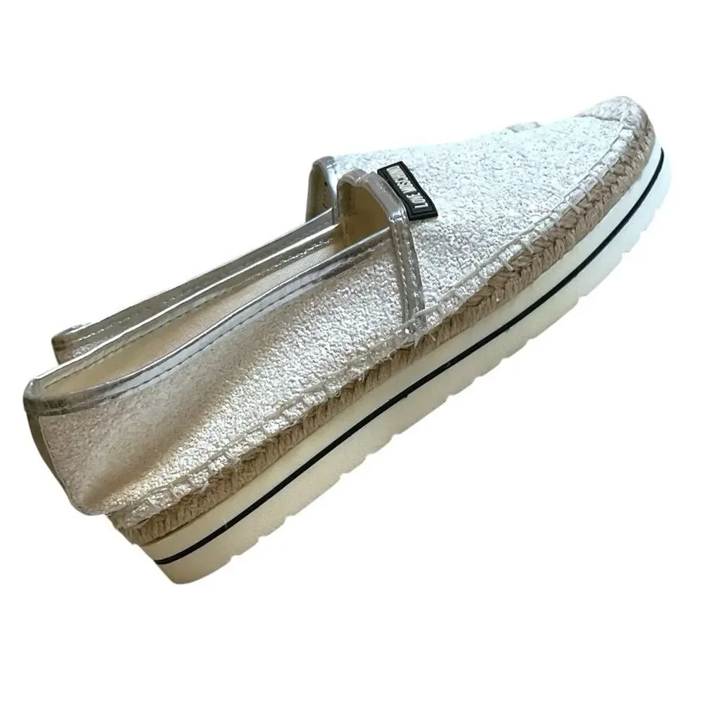 Love Moschino White Glitter Espadrille Platform Slip On Loafers Silver Women’s 6